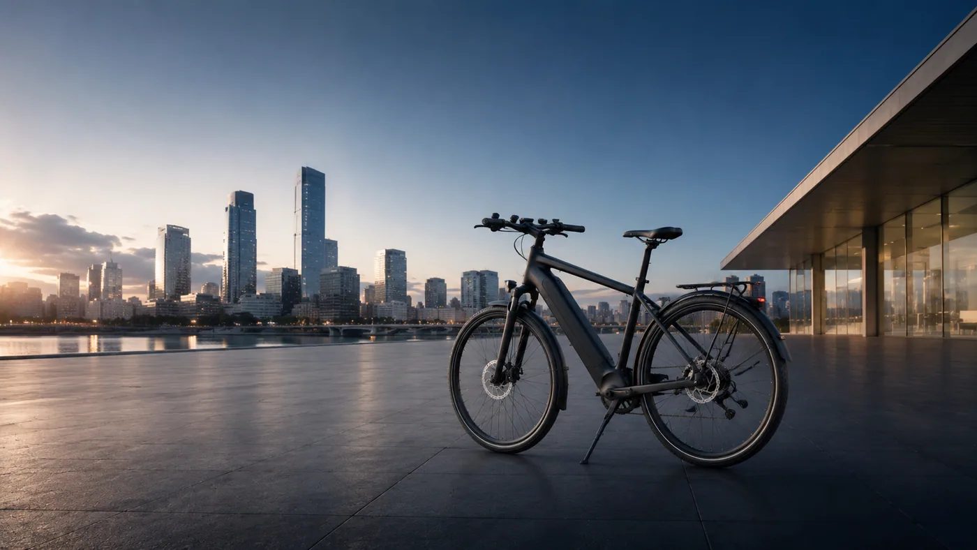An e-bike on a waterfront at sunset with a city skyline