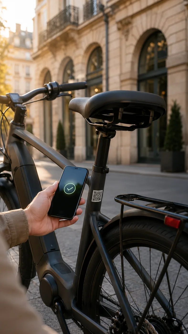 A phone scanning a bike's QR code and showing a verified result