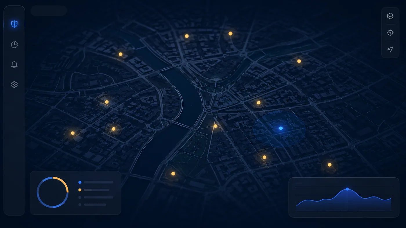 A dark city map dashboard with reported-theft markers
